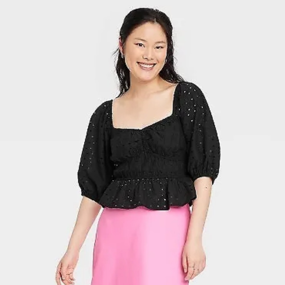 Women's Puff Elbow Sleeve Eyelet Shirt - A New Day